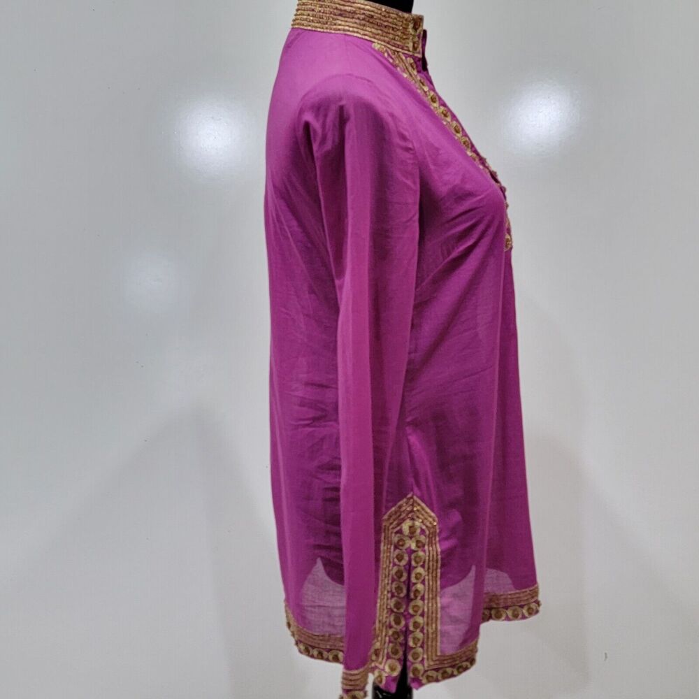 Tory Burch Magenta Sheer Gold Embroidered Beaded Button Trim Tunic Small Artsy - Picture 9 of 12